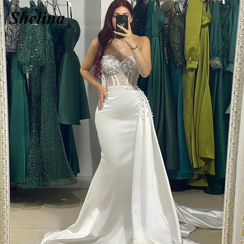 

Shelina Charming Sweetheart Homecoming Dresses Crystal Pleat Pearls Trumpet Sleeveless Sweep Train Vestido De Noite Custom Made