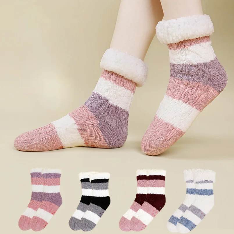 Women fluffy Sock Thermal Fuzzy Winter Warm Sleeping Soft Female Plush Non Slip Grip Comfy Short Slipper Floor Sock House Home