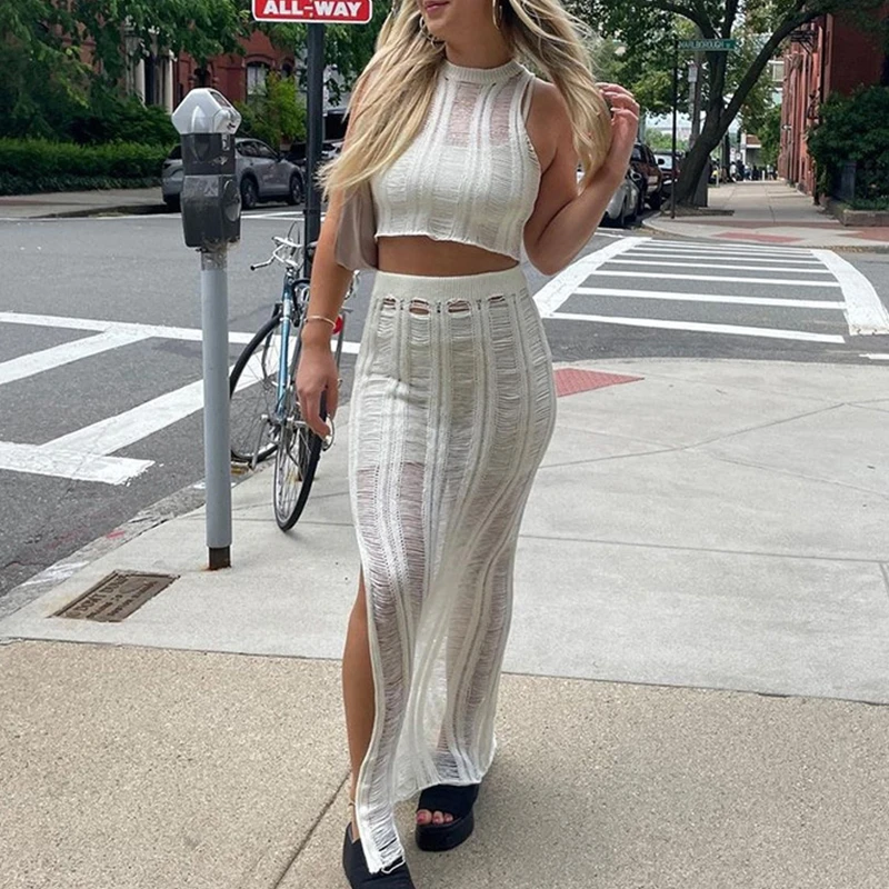 

Блузка женская однотонная вязаная, ажурный комплект из 2 предметов, кроп-топ и длинная юбка, пикантная пляжная уличная одежда