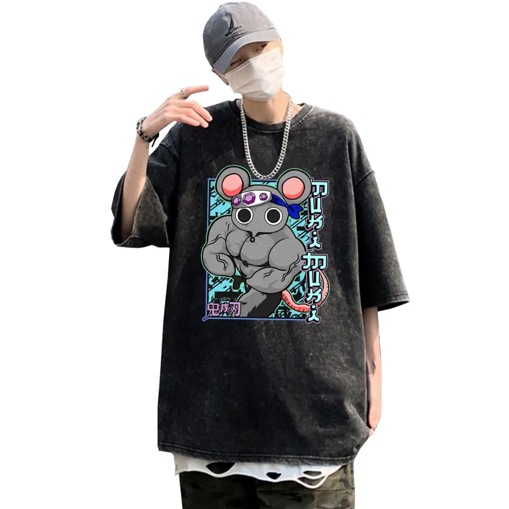 

Anime Demon Slayer Uzui Tengen T-shirt Funny Manga Muscular Ninja Mice Muki Gym T Shirt Men Wash Vintage Black Cotton T Shirts