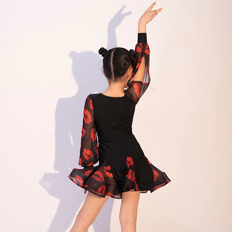 Детские платья для латиноамериканских танцев с вырезом и принтом губ девочек