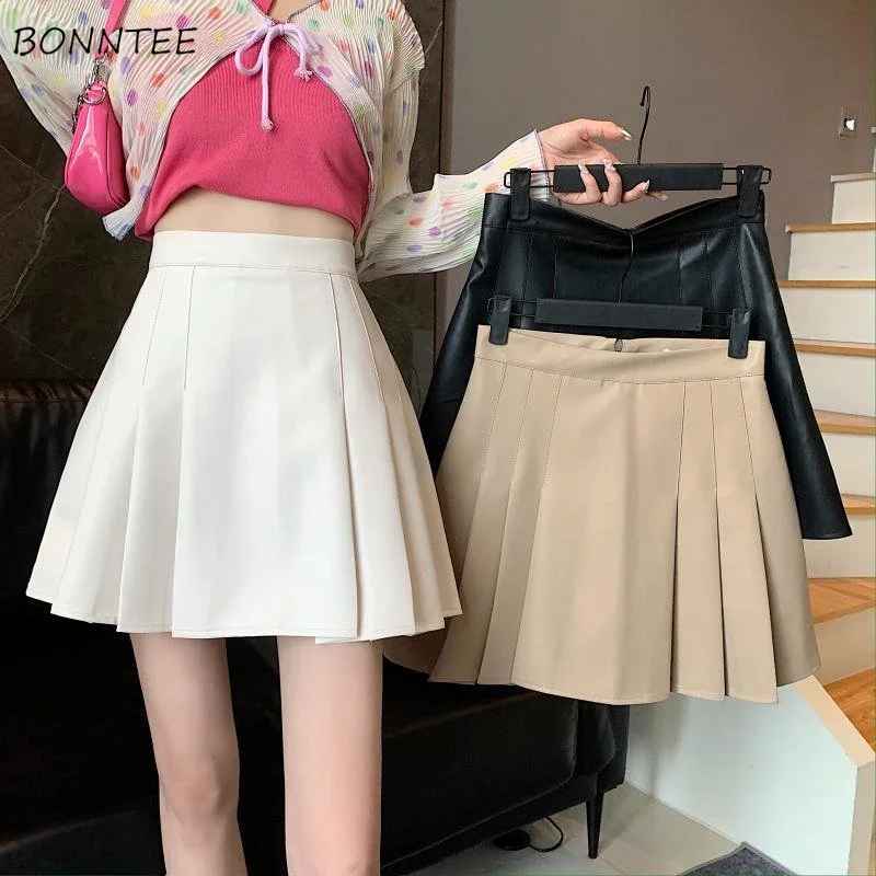 

PU Skirts Women Fall Winter Tender Solid Student Faldas Casual Mini Holiday Pleated Korean Friends Preppy Style Lovely All-match