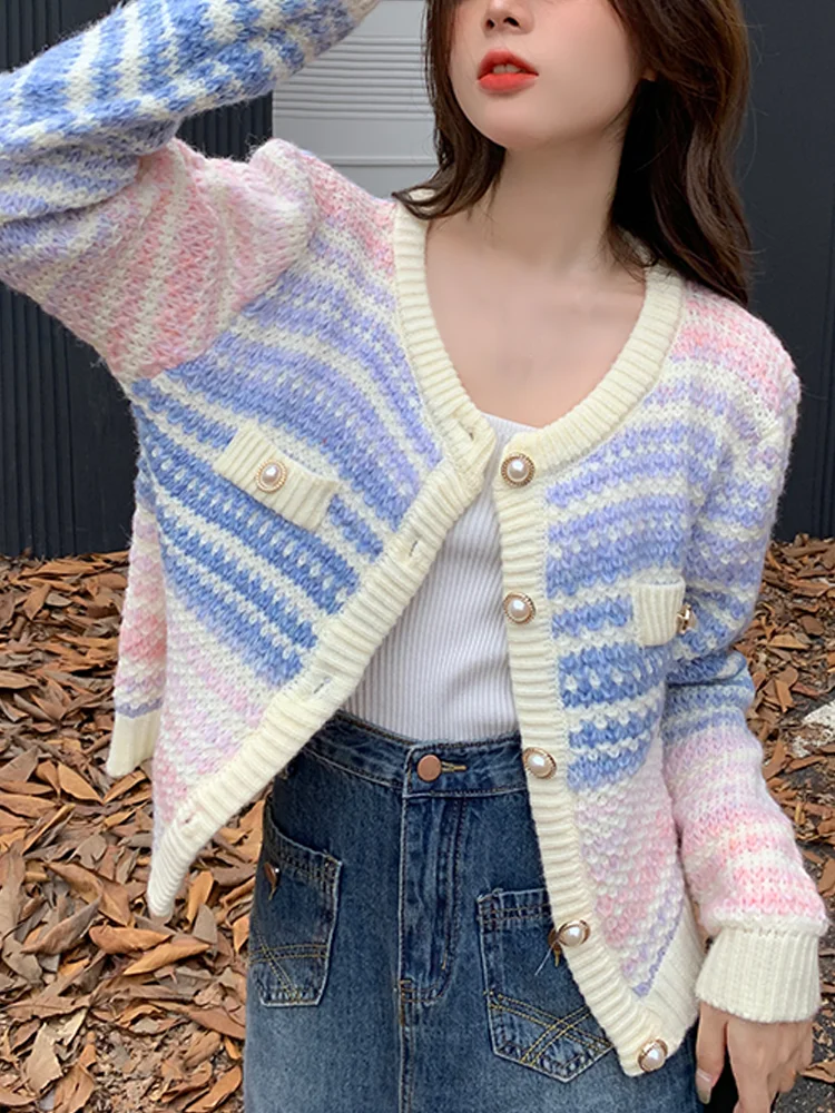 

Осенний Радужный вязаный кардиган на пуговицах с длинным рукавом, повседневный элегантный свитер, Женская милая одежда, пуловер в Корейском стиле