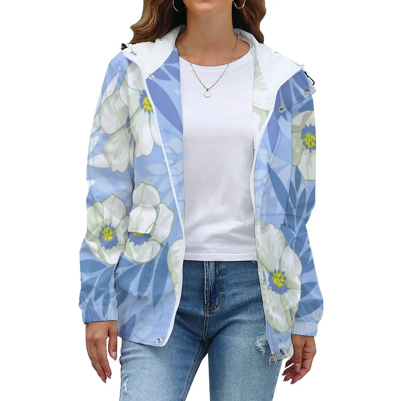 

White Flower Print Casual Jackets Womens Floral Leaves Outdoor Winter Coats Trendy Custom Waterproof Parkas Large Size 5XL 6XL