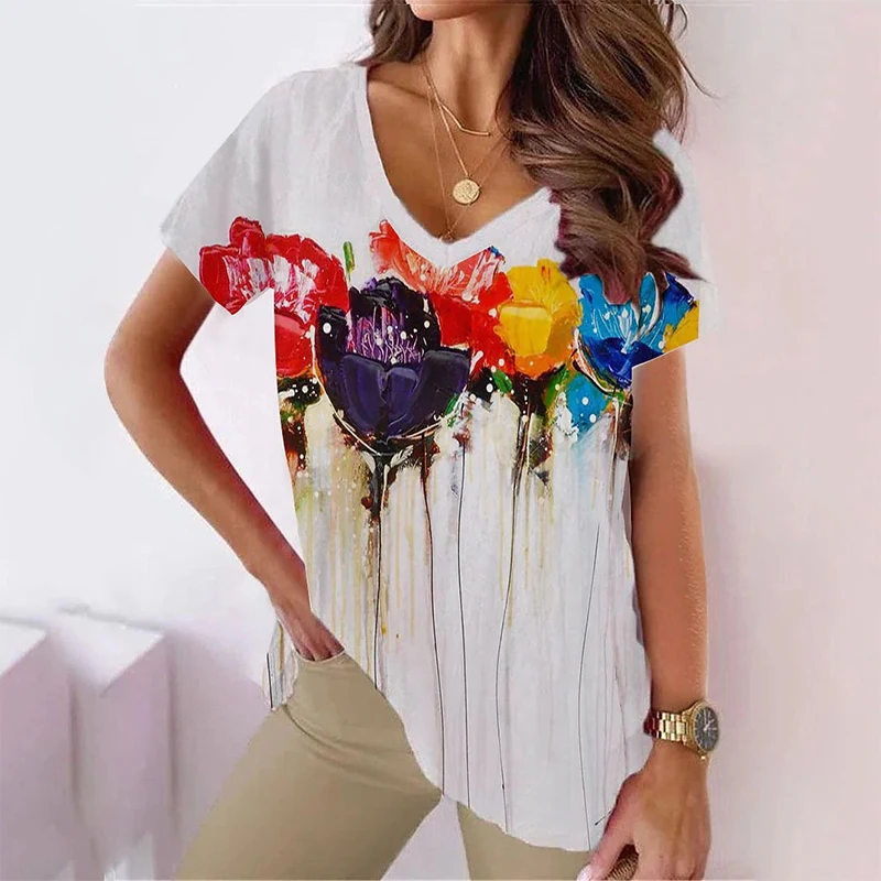 

Flower Colored Painting 3D Print T-shirt Women Y2k Tops Streetwear Harajuku Elegant T Shirts V-Neck Tees Girl Oversized Clothing