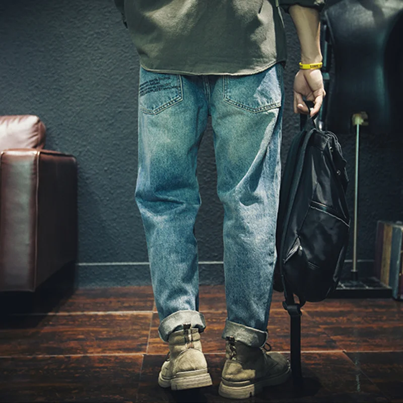 Streetwear Men 2022 New Style Pattern Recreational Blue Trousers Straight Cylinder Comfortable Loose Large Jeans Autumn Female