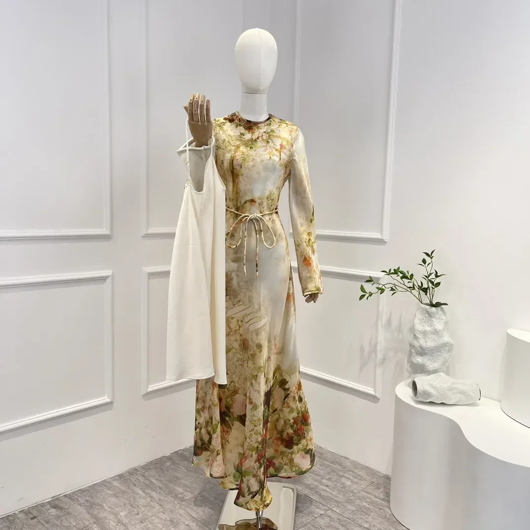 

Silk Organza 2023 High Quality Vintage New Arrivals Floral Printing Full Sleeve Elegant Woman Long Dress for Holiday