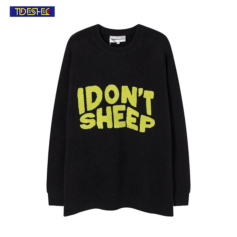

2022 HIP HOP Knitted Sweater Vintage Flocked Letter Sweater Harajuku Oversize Warm Street Pullovers Polyester for Men Women