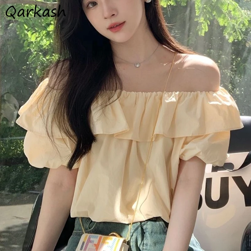 

Блузка женская с пышными рукавами, соблазнительный мешковатый топ с оборками, с воротником-лодочкой, однотонная винтажная уличная одежда для отдыха, на лето