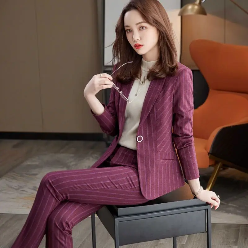 Women's Stripe Single Button Two Piece Suit Female Elegant Business Blazer Jacket and Fashion High Waist Pants Outsuits G466