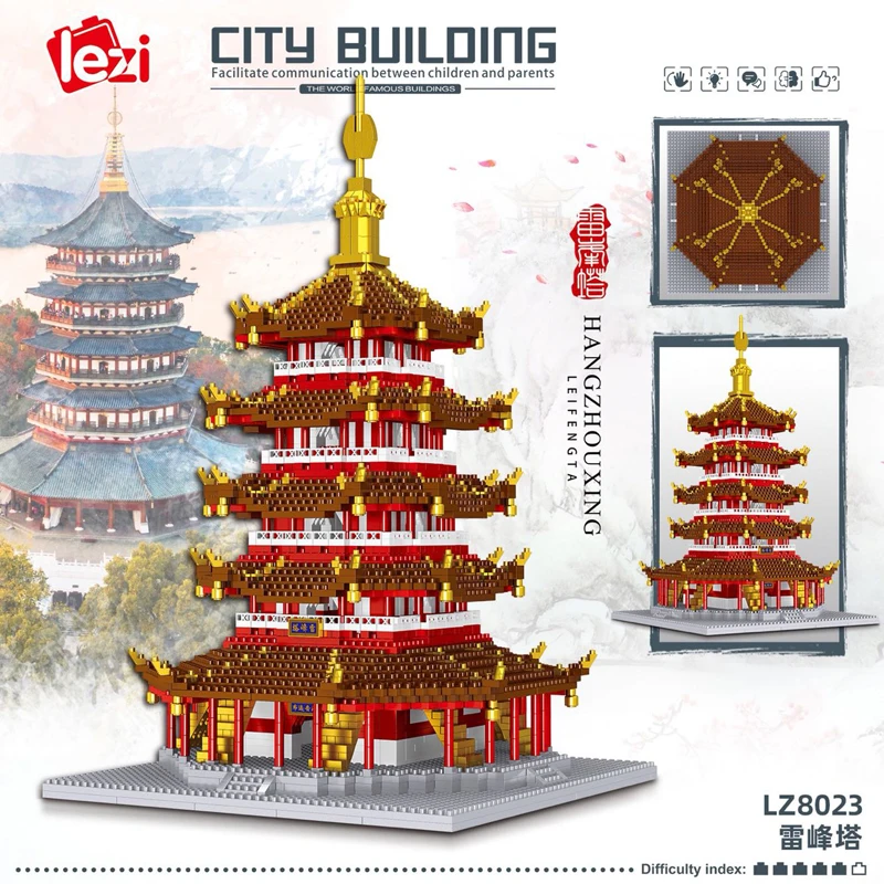 

LZ8023 World Architecture Leifeng Pagoda Tower 3D Model DIY Mini Diamond Blocks Bricks Building Toy for Children No Box