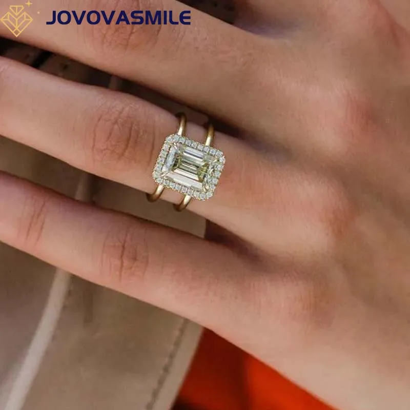 JOVOVASMILE Lab Grown Diamond Engagement Rings 3 Carat 9.5x7mm Emerald Vivid Light Yellow Moissanite 18k Yellow Gold Double Band