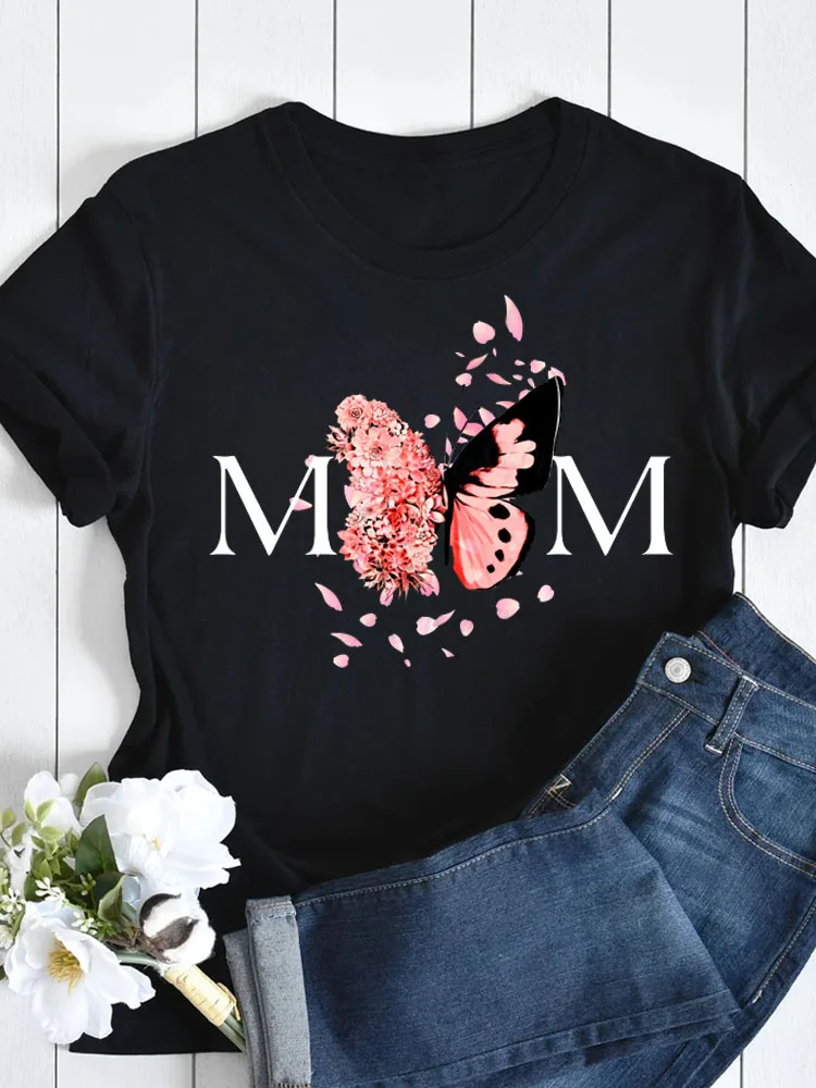 

New Women T Shirt MOM Butterfly Floral Print Tshirt Female Short Sleeve Tops Tee Summer Fashion Women T-shirts Ladies Streetwear