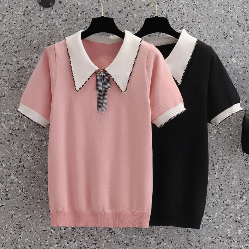 

Oversized Summer Pullover Sweater Women Loose solid color leisure lapel Short sleeves Knitted Sweater Female women's clothing