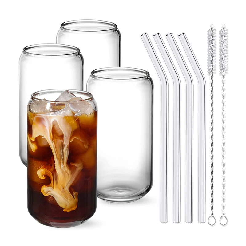 

4Pcs Glass Cups 20oz Coffee Cup Drinking Glasses Beer Tumbler Juice Milk Bubble Tea Mugs Can Shaped Glass Cups with Straws