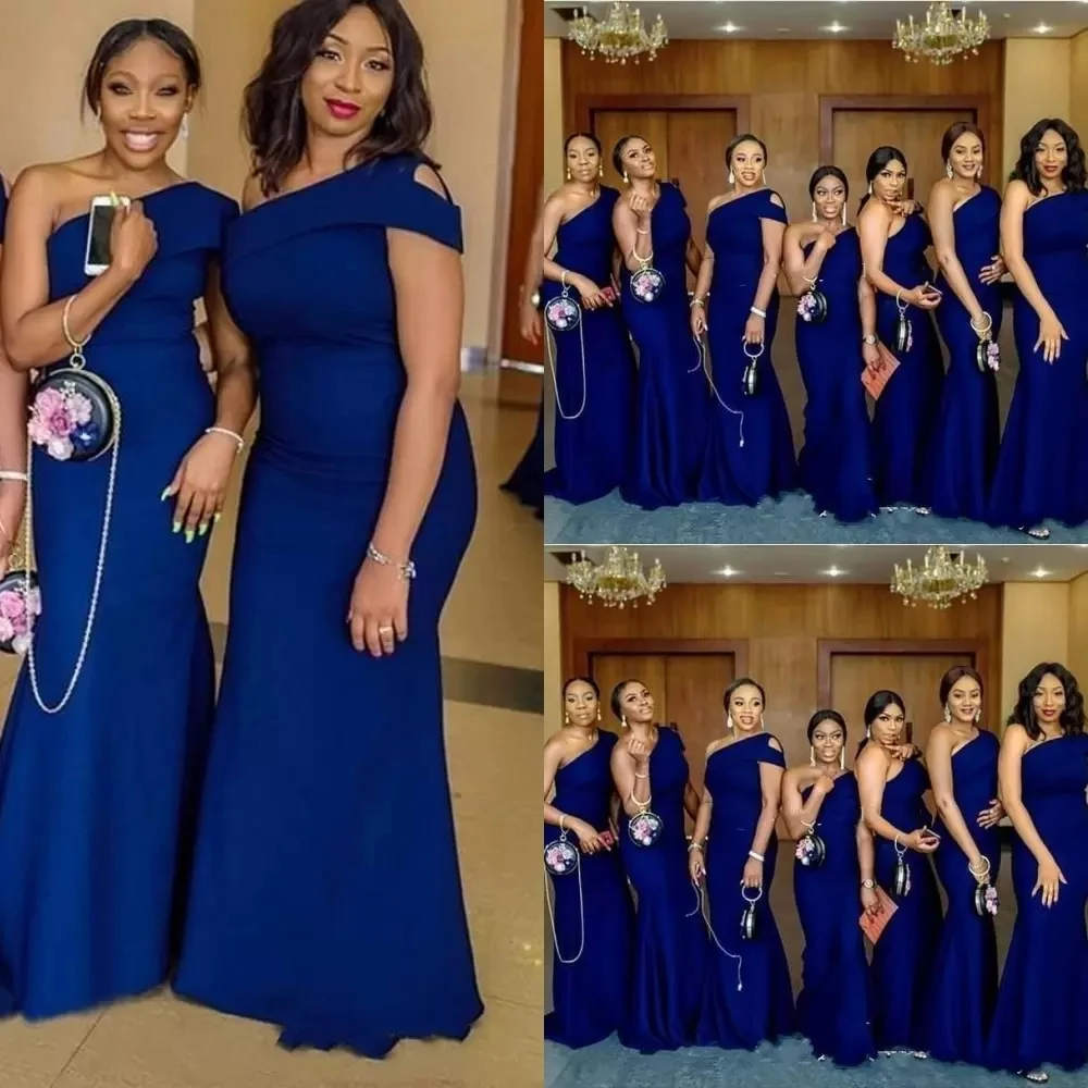

2022 New African Sexy Royal Blue Long Bridesmaid Dresses One Shoulder Mermaid Satin Floor Lengrh Plus Size Formal Wedding Party