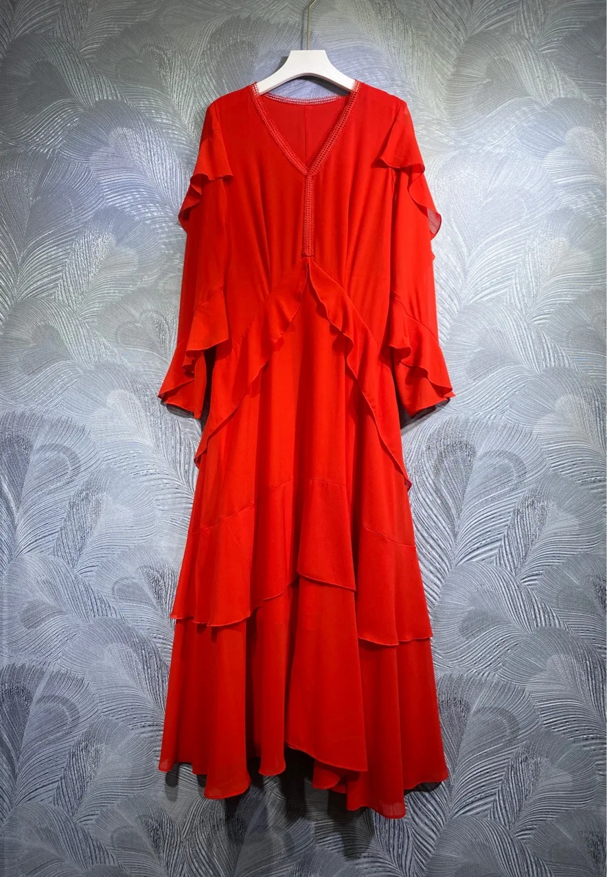 

XXL Fashion Plus Size V-Neck Red Color Wedding Dress Ruffles Patchwork Elegant Fall Full Sleeves Slim Fit Asymmetrical Dresses