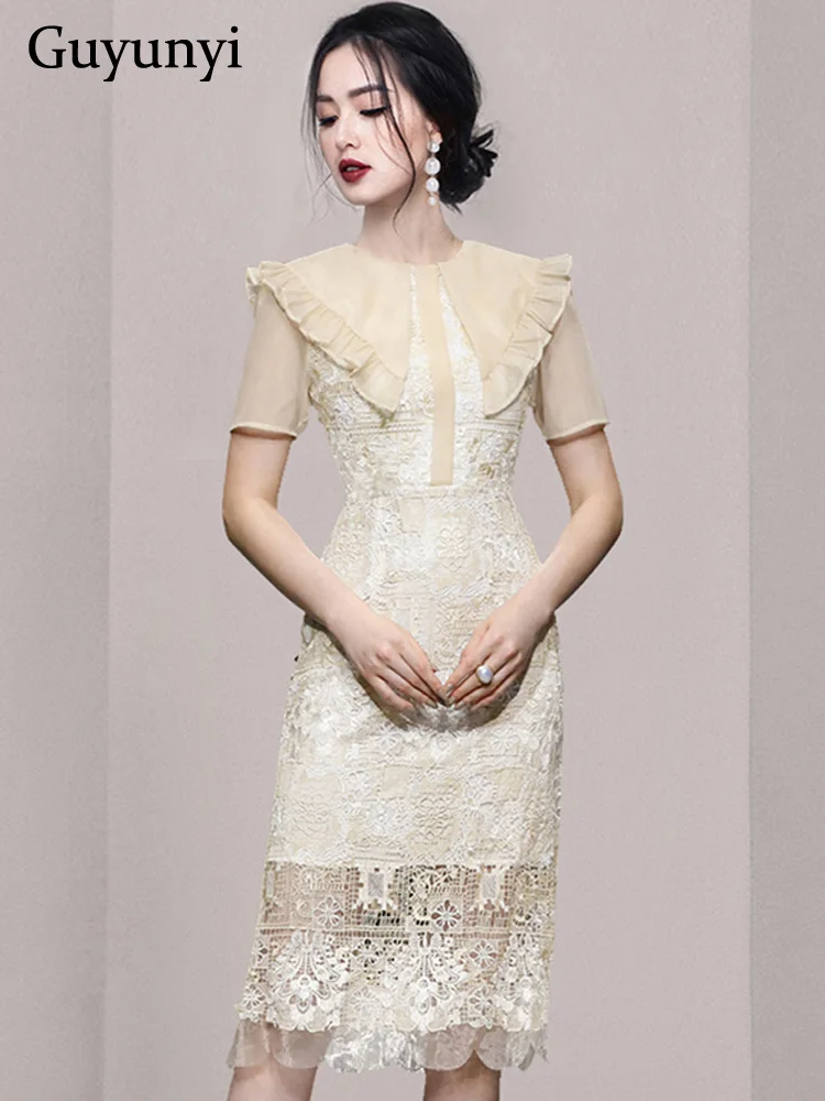 

Elegant Party Dress 2022 Summer Korean Style Solid Color O-Neck Mesh Ruffle Short Sleeve High Waist Tight Temperament Lace Dress