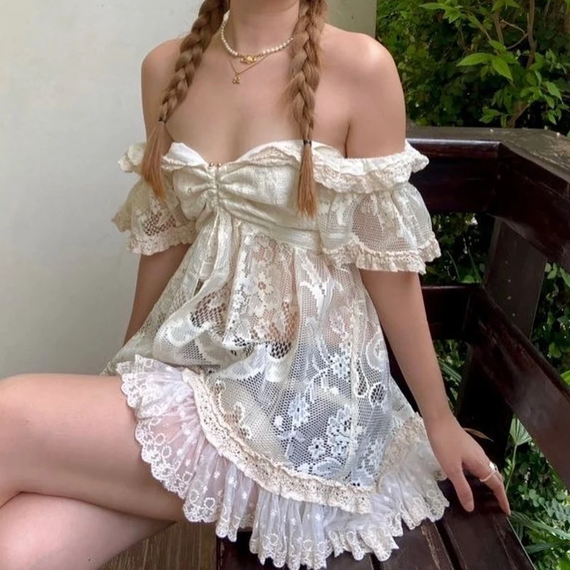 

Dourbesty Women Kawaii Vintage Lolita Lace Fairy Dress Spaghetti Strap Petal Sleeve Grunge 90s Aesthetic Cute Princess Dresses