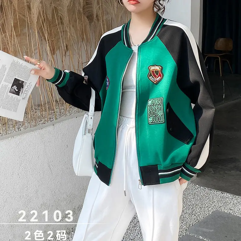 

2022 Autumn Women Zipper Long Sleeve Bomber Coats Casual Stand Collar Patchwork Loose Baseball Jacket Basic Outwear Female E62