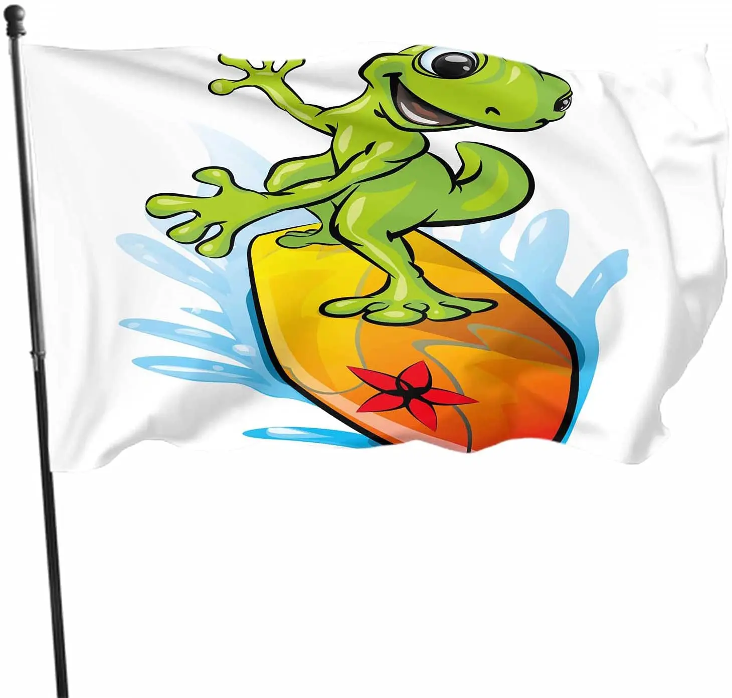 

Cute Cartoon Gecko Flag Decor 3x5 Ft Green Lizard Surfing Board Summer Sea Beach Wave Polyester Printed Pattern Outdoor Decor
