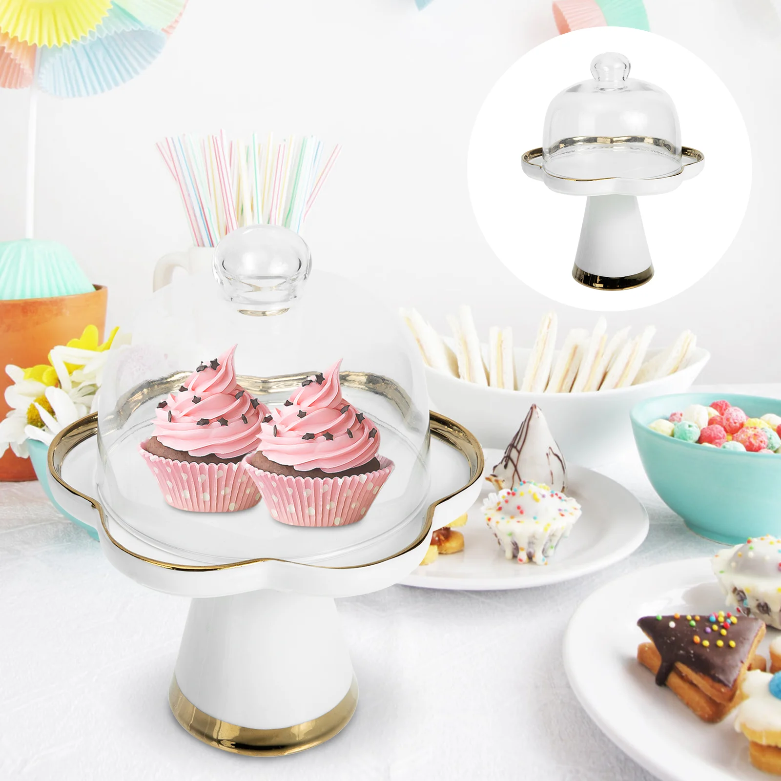

Cake Plate Cover Dessert Tray Ceramic Stands Set Lid Kit Bakingtrays Bread Cupglass Table
