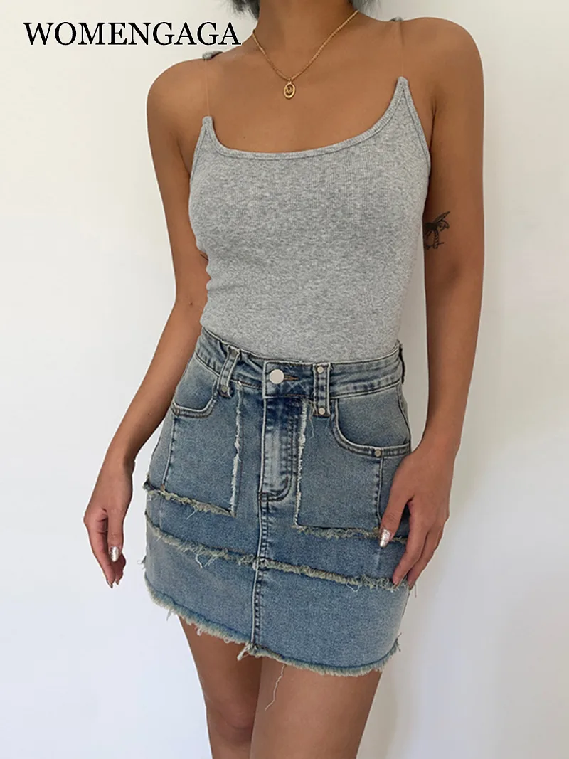 

WOMENGAGA Rivet High Waist A-line Skirt Spring/summer Spicy Streetwear Fairy Grunge Denim Skirt Fashion Korean Women 3P76