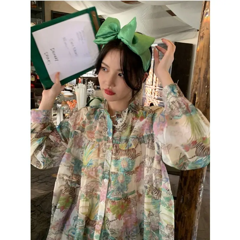 

Рубашка женская с винтажным принтом, Модный повседневный Свободный Топ с рукавами-фонариками, новая модель на весну