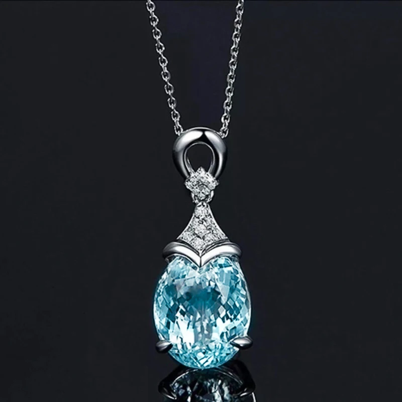 

New Delicate Water Drop Shaped Pendant Necklace for Women Fresh Sky Blue Oval Cubic Zirconia Luxury Fashion Wedding Jewelry