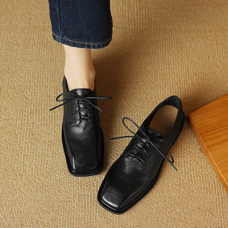 Женские туфли из натуральной кожи лоферы воловьей и свиной с квадратным носком