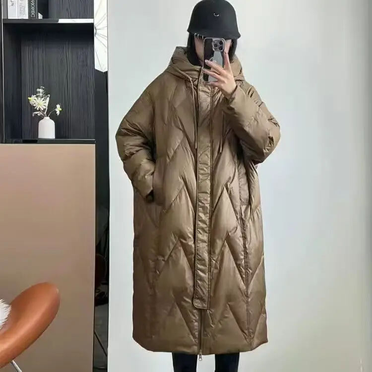 Woman 2022 Winter Spring Fashion Hooded Long Jackets White Duck Down Coats Female Down Overcoats Loose New Outerwear A09