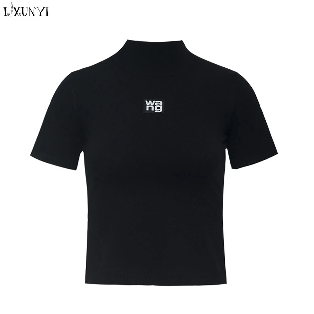 

LXUNYI Women Casual Letter Print T-shirts Short Sleeve European Half Stand Collar Solid Slim Stretch Cotton Knitted Tee Street