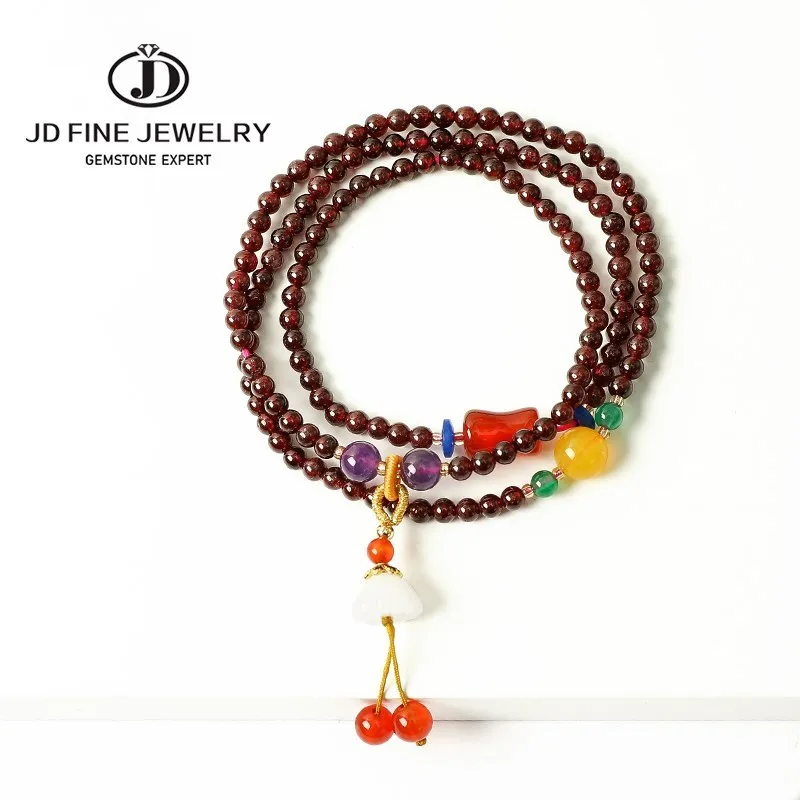 

JD Multi-layer Garnet Beads Bracelet Wine Red Natural Stone Bangles Bracelet White Jade Flower Pendant for Women Unique Jewelry