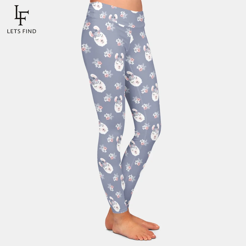 LETSFIND New Women High Waist Lavender Leggings Cartoon Alpaca Printing Fashion Elastic Milk Silk  Casual Girl Pants