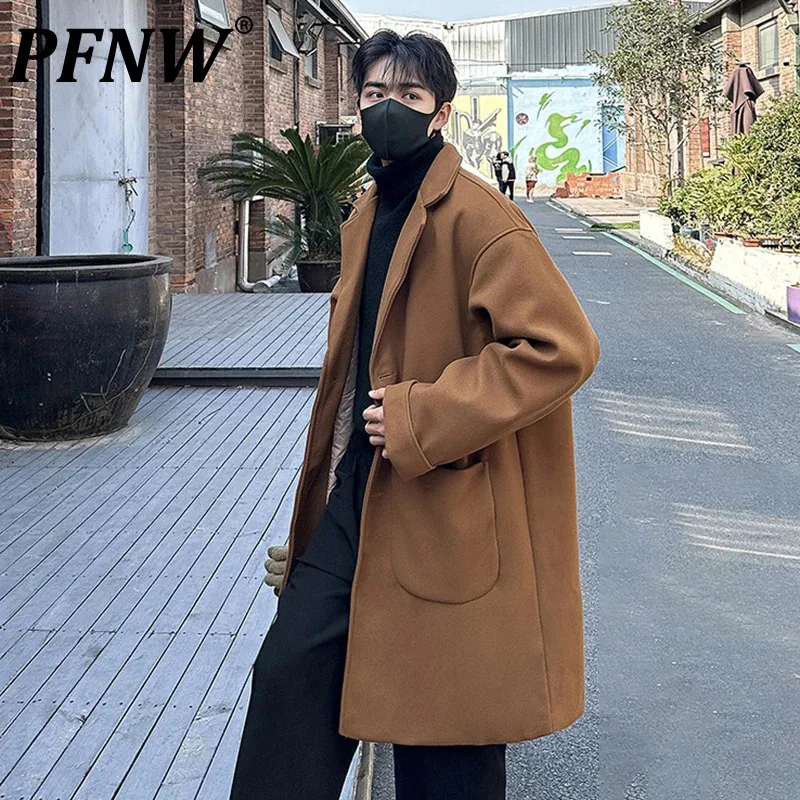 PFNW мужской шерстяной плащ средней длины с лацканами однобортное однотонное