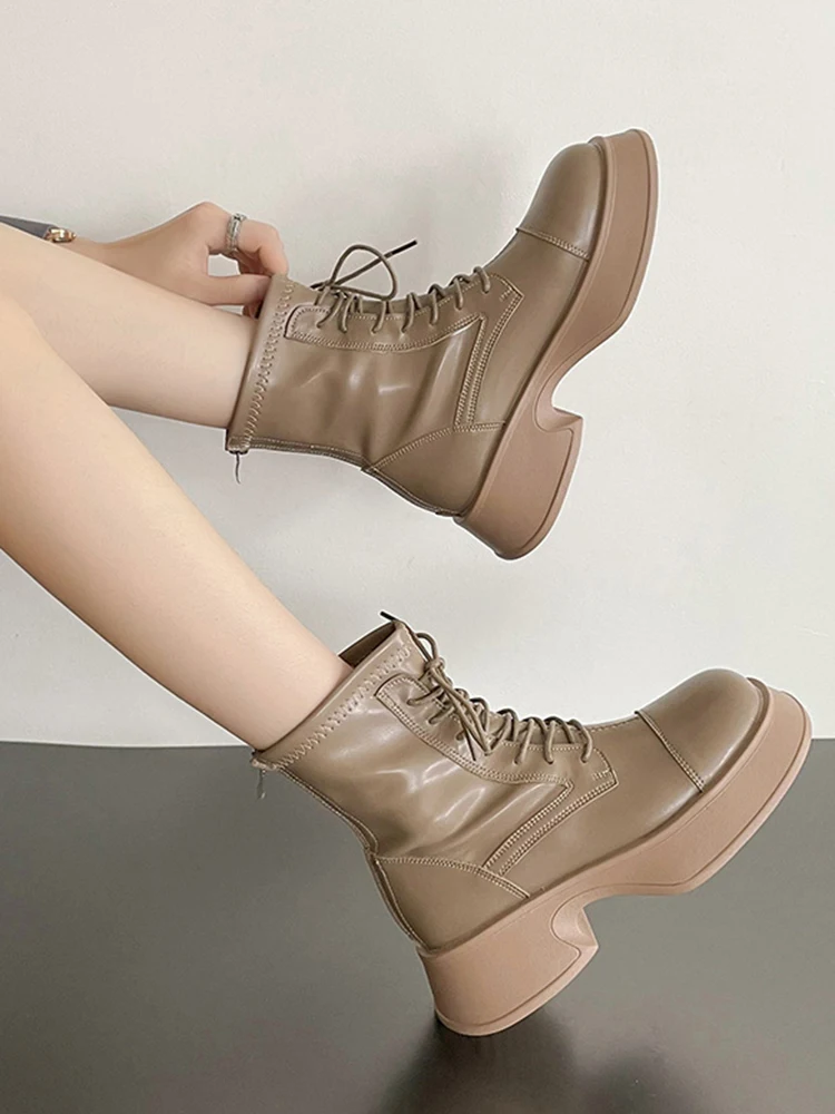 

Shoes Boots Women New 2022 Zipper Ladies Rock Ankle Rubber Autumn Med Solid PU Square Toe Lace-Up Rome Basic Hoof Heels