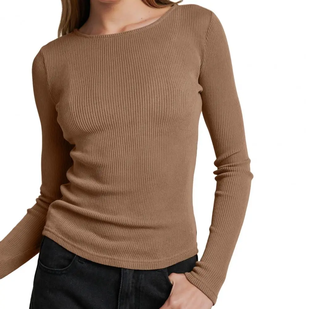 

Female Blouses Solid Color Top Chic Streetwear Slim Fit U-neck Knit Tops for Sexy High Elasticity Long Sleeve Pullover Blouses