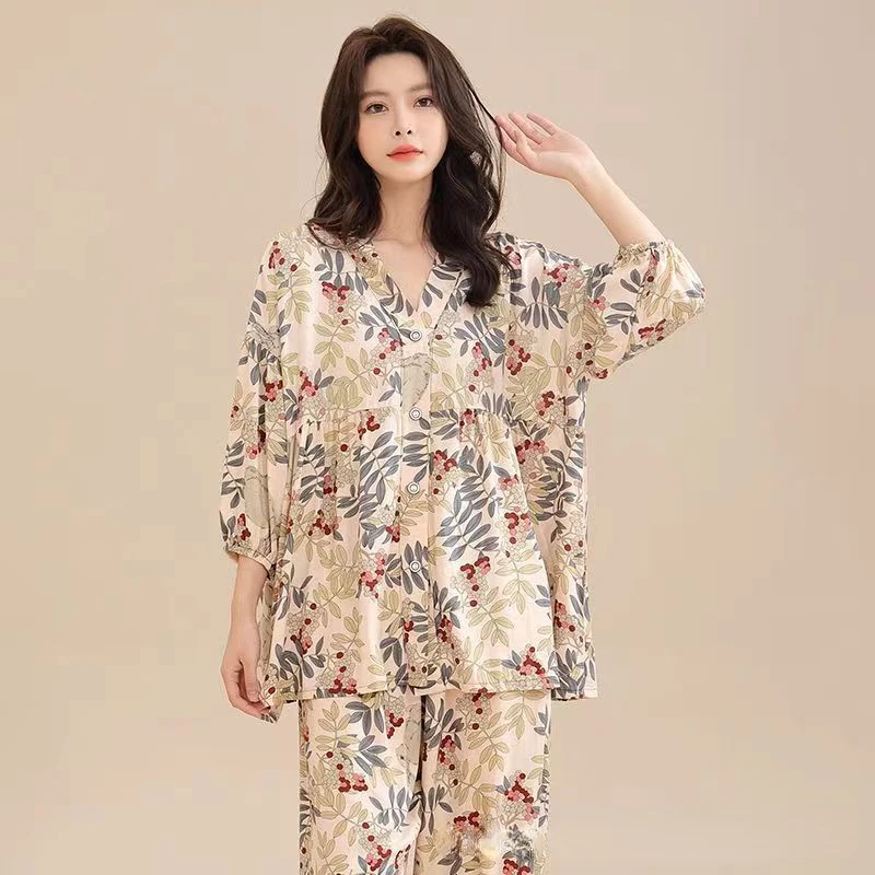 2023 New Women Pajama Sets 3/4 Sleeves Cotton Big Size Pijamas for Women Two-piece Set Elegant Loungewear Night Wears for Women