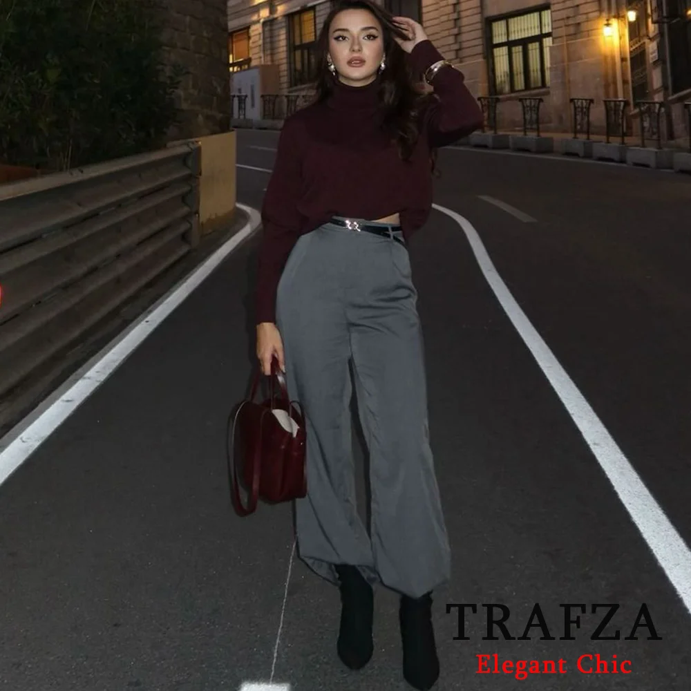 TRAFZA женский бордовый мягкий вязаный свитер базовый с круглым вырезом и длинными