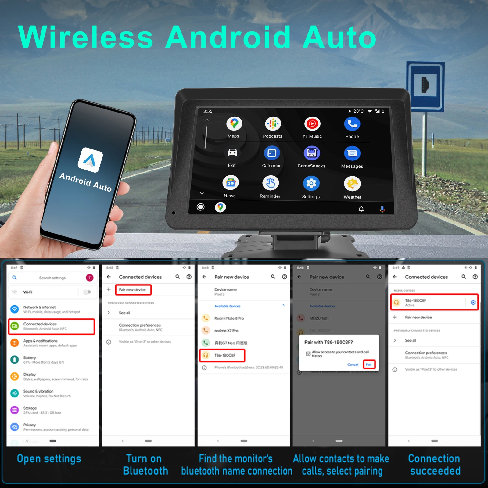 Автомобильный портативный беспроводной Carplay Android Auto радио стерео зеркальная