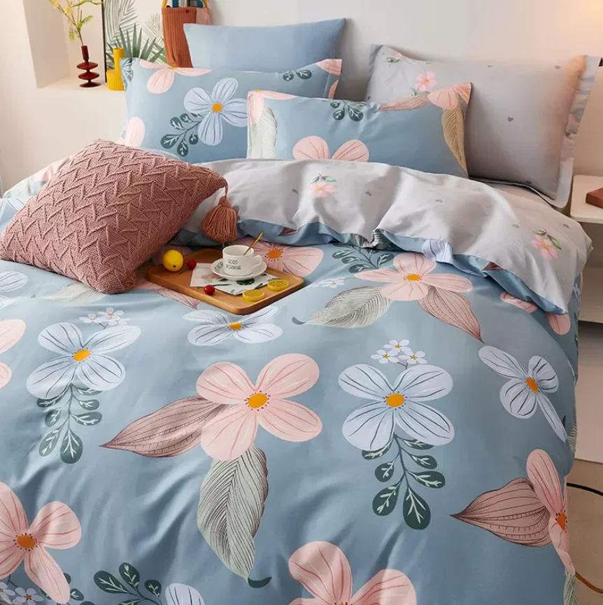 

100% Cotton Bedding Set Duvet Cover + 2pcs Pillowcase Skin-friendly Flower Print Duvet Cover King Queen Customized Size B88A