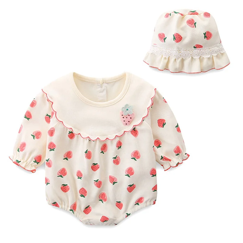

Autumn Spring Infant Baby Girls Bodysuits Long Sleeved Cotton Strawberry Printing Toddler Baby Girl Jumpsuit Children Clothes