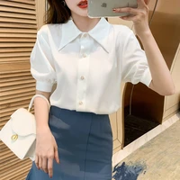 2022 new summer women vintage tops chiffon blouse short sleeve casual white button up shirt female wear office shirts 829b