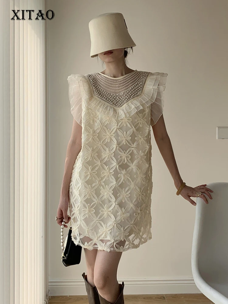 

XITAO Lace Patchwork Dress Women Korea 2023 Summer New Arrival Personality Fashion Loose O-neck Short Sleeve Dress DMJ1370