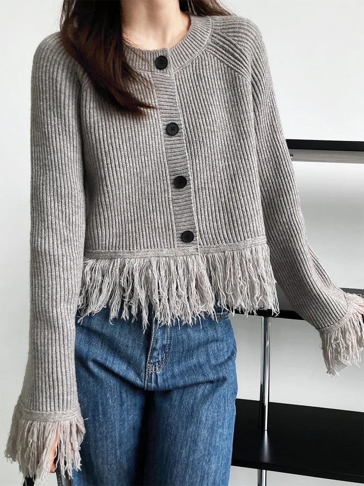 

korea chic Tassels Women Gray Sweater Coats Clothes 2022 Autumn Korean Outerwear Striped Knitting Cardigan Female Tops H637