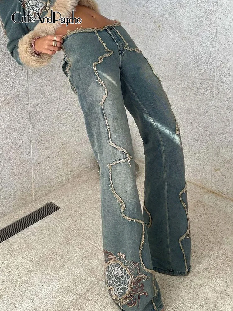 

Cuteandpsycho Embroidery Floral Vintage Jeans Harajuku Streetwear Straight Denim Pants Patchwork Distressed Trousers Y2K Chic