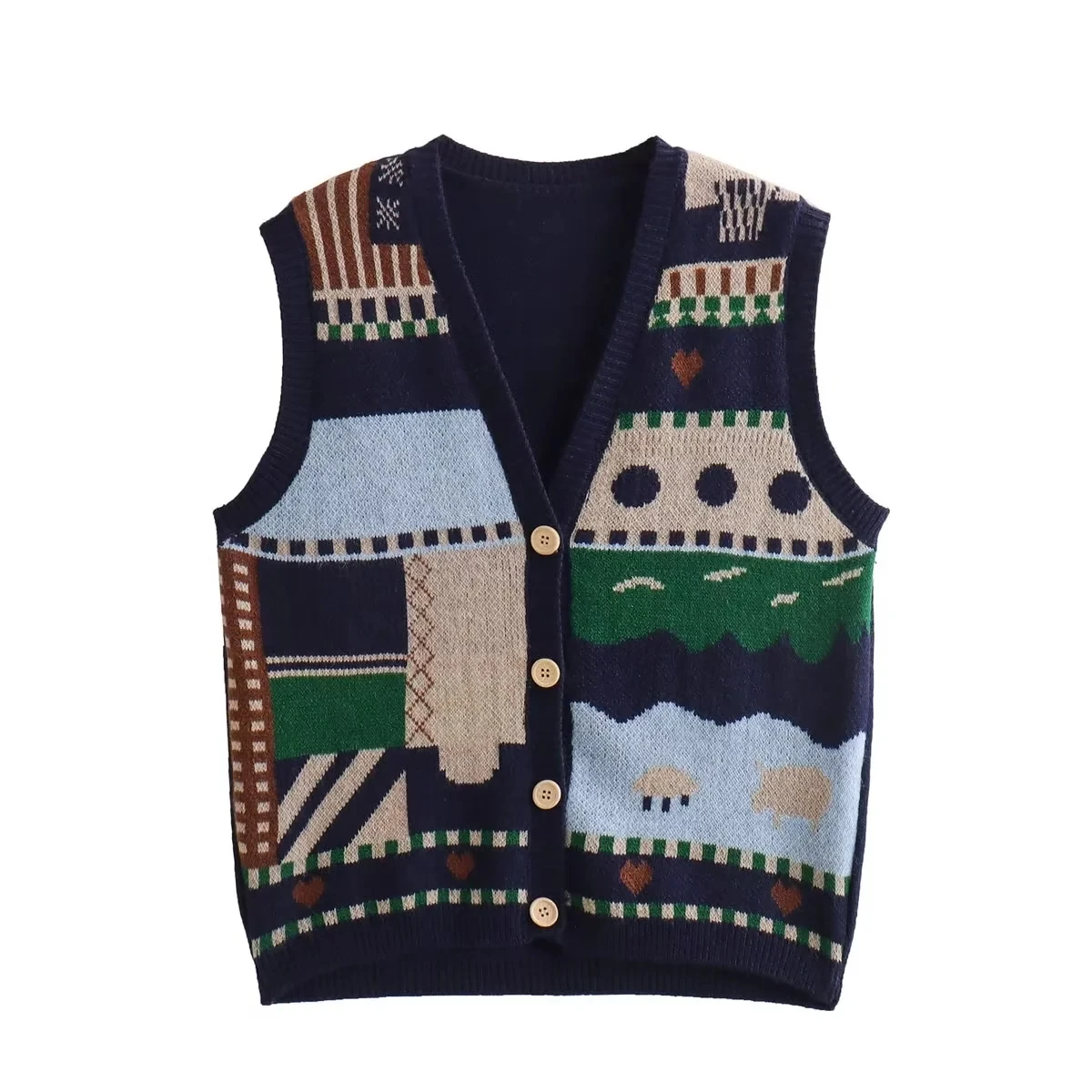 

Vintage 2023 New Women Graffiti Jacquard Knitted Sweater Vest Country Style Chic Autumn V-neck Sleeveless Single-Breasted Top