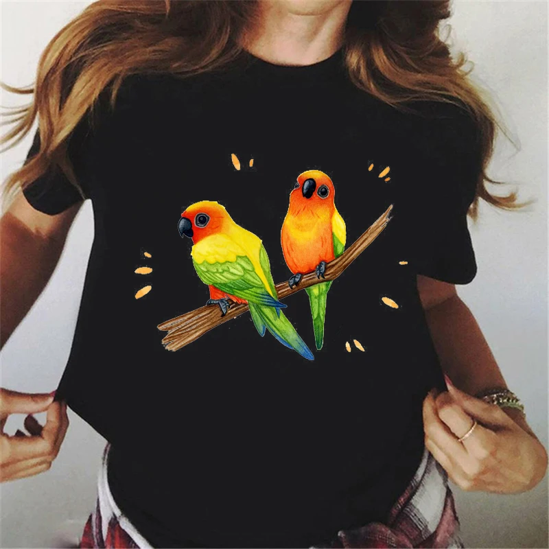 

Women Tshirt 2022 Watercolor Cockatiel Parrot Print Tee Shirt Femme Rainbow Birds T- Shirt Streetwear Summer Top Black T Shirt