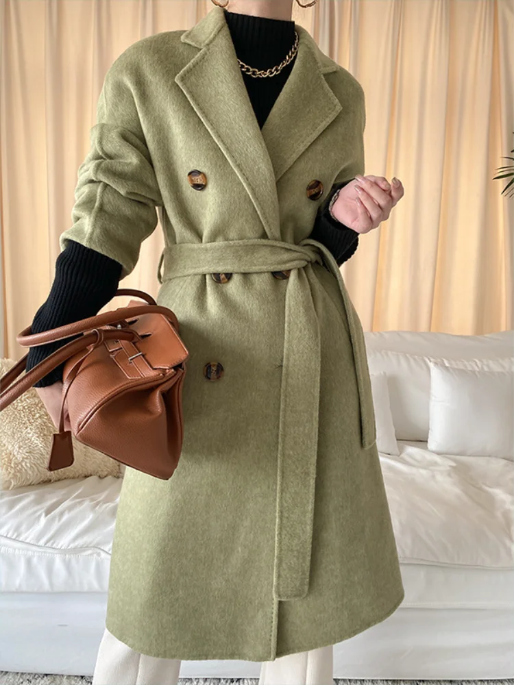 

Bornladies Winter 60% Wool Coat for Women 2022 Autumn Argyle Double-sided Woolen Coat Office Ladies Mid-length Green Loose Coat