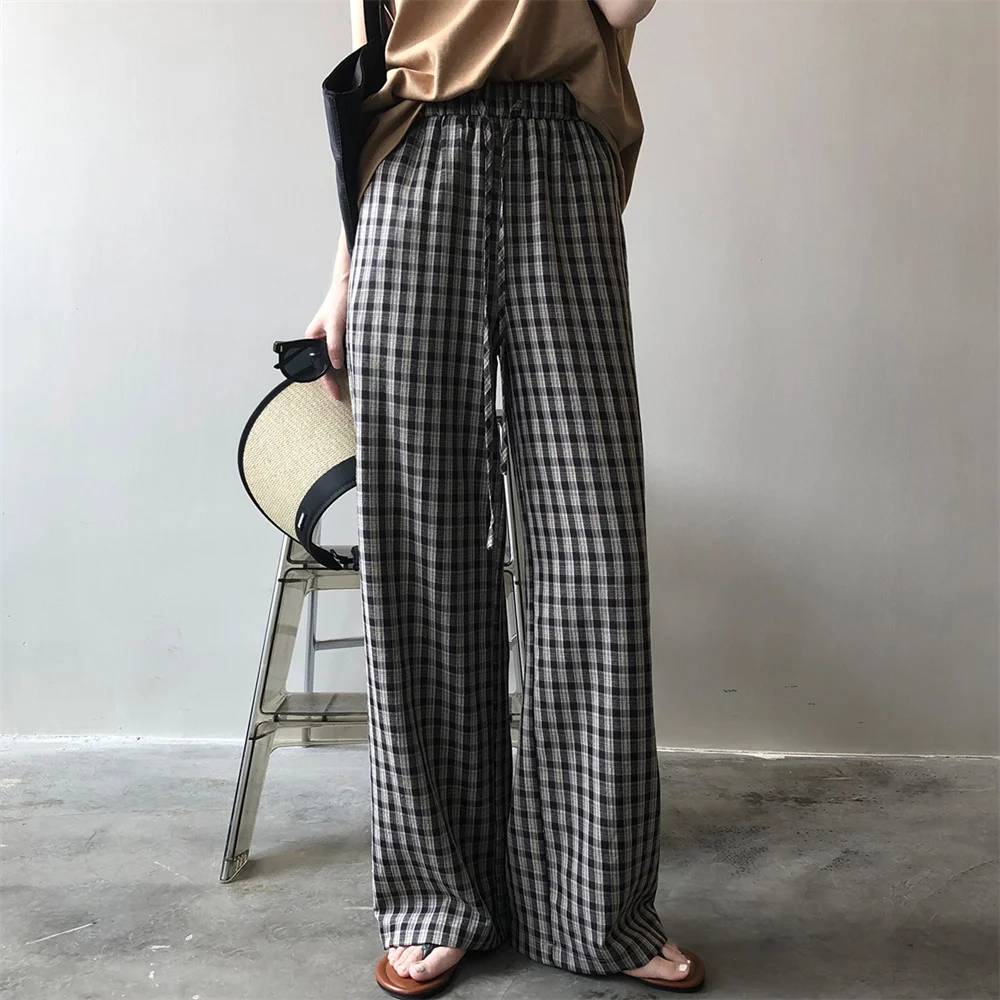 PLAMTEE M-L Women Plaid Trousers Chic New Summer Drawstring 2022 All Match OL Straight Loose Office Lady Femme Casual Pants